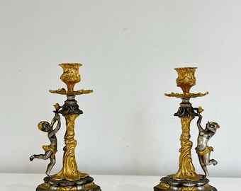 Set of 2 Mid-Century 1950s gilt pewter candlesticks