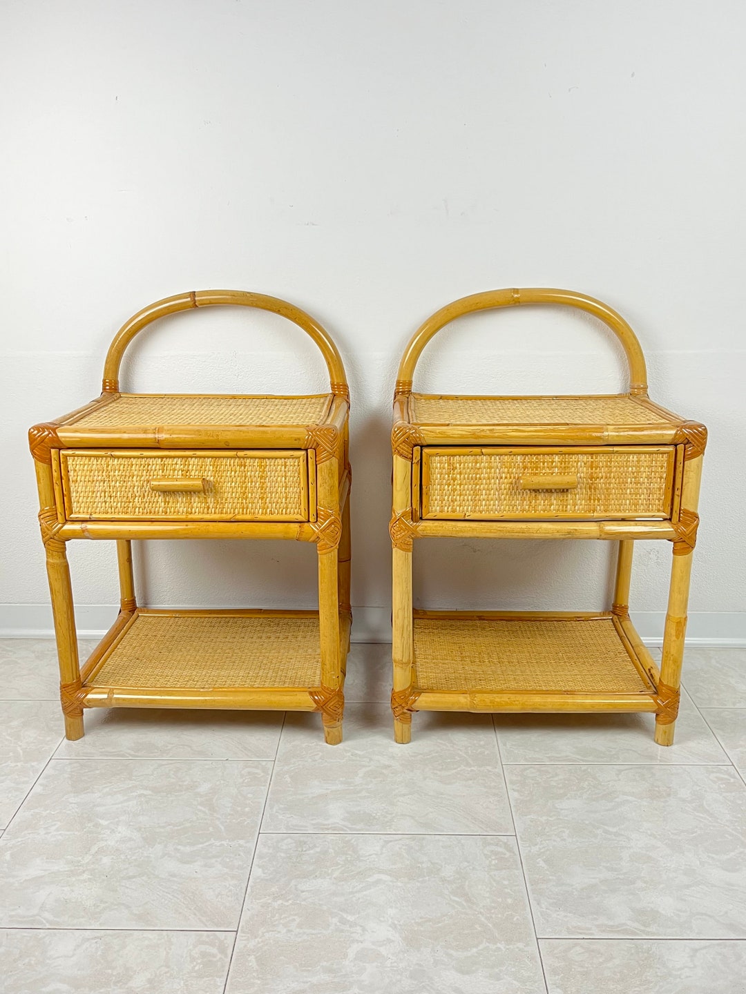 Pair of Vintage Bamboo and Rattan Bedside Tables Italy 1970s Etsy
