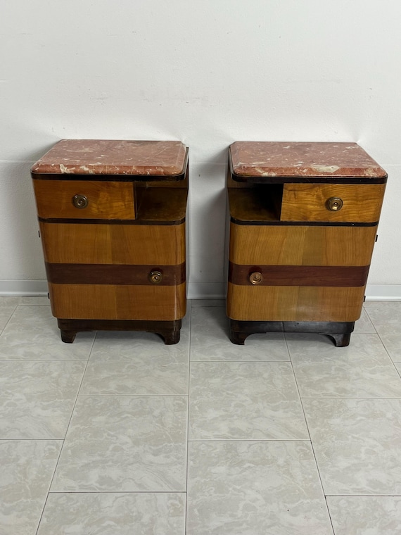Set di 2 comodini Art Dèco legno e marmo, anni '40