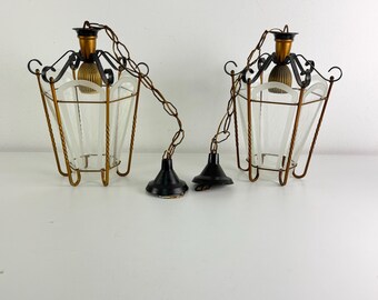 Set of 2 pendant lamps in brass and Murano glass, 1950s