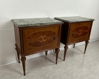 Set of 2 Mid-Century Italian bedside tables in wood and fine 1960s green marble top