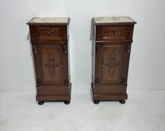 Set of 2 hand-carved Sicilian bedside tables with marble top, 1940