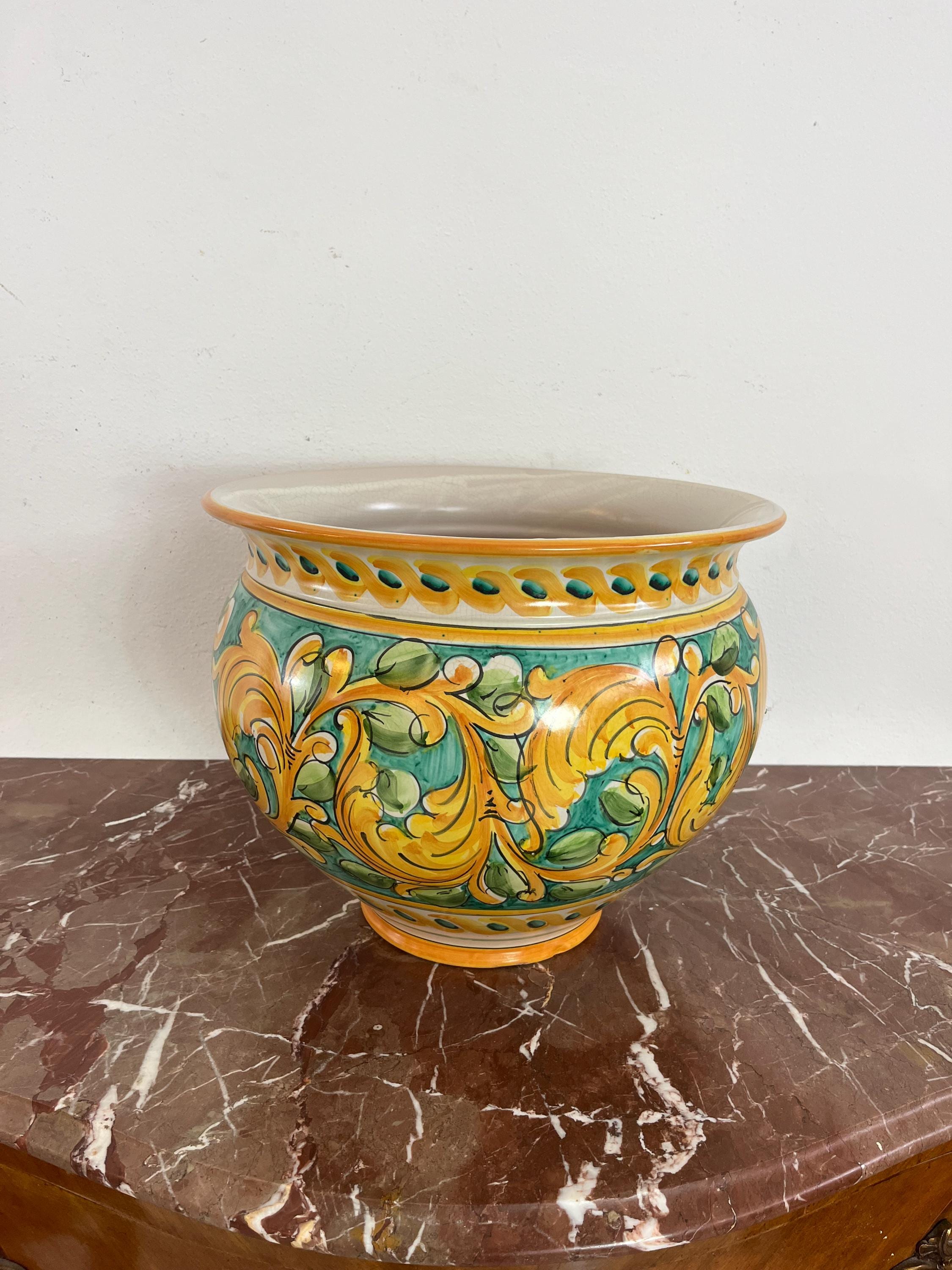 Large Sicilian Glazed Ceramic Cachepot From Santo Stefano Di