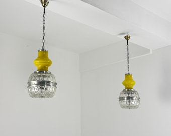 Set of 2 Space Age pendant lamps in yellow and worked Murano glass, 1970s