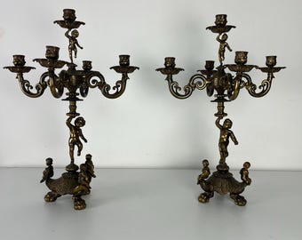 Set of 2 Majestic Italian 5-flame Brass Candelabras, 1940s.