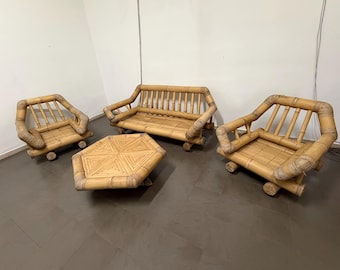 Set of 4 bamboo sofas, 2 armchairs, and a coffee table, 1970