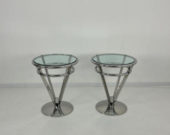 Set of 2 delightful Space Age steel and glass bedside tables, 1980s