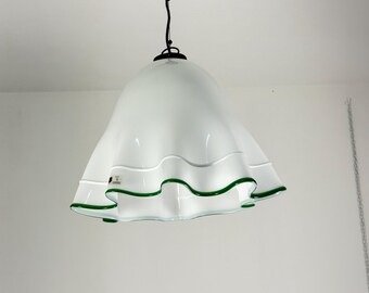 Murano milk glass and green "Fazzoletto" chandelier in the style of Venini, 1970s.