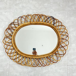 Mid-century oval mirror in rattan and bamboo, attributed to Franco Albini, 1960s