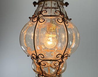 Mid-century Venetian lantern in blown Murano glass, caged, 1940s