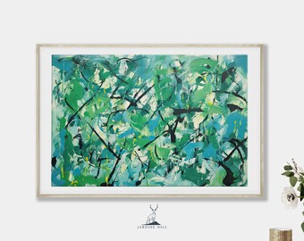 Wall Art Abstract Oil Painting Jackson Pollock Style Green Blues Vibrant Home Decor Digital Download Printable Picture DIY Print JPEG | 469