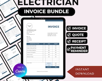 Paquete de facturas de electricista: factura, cotización, recibo y recordatorio de pago. Canva y PDF rellenable.