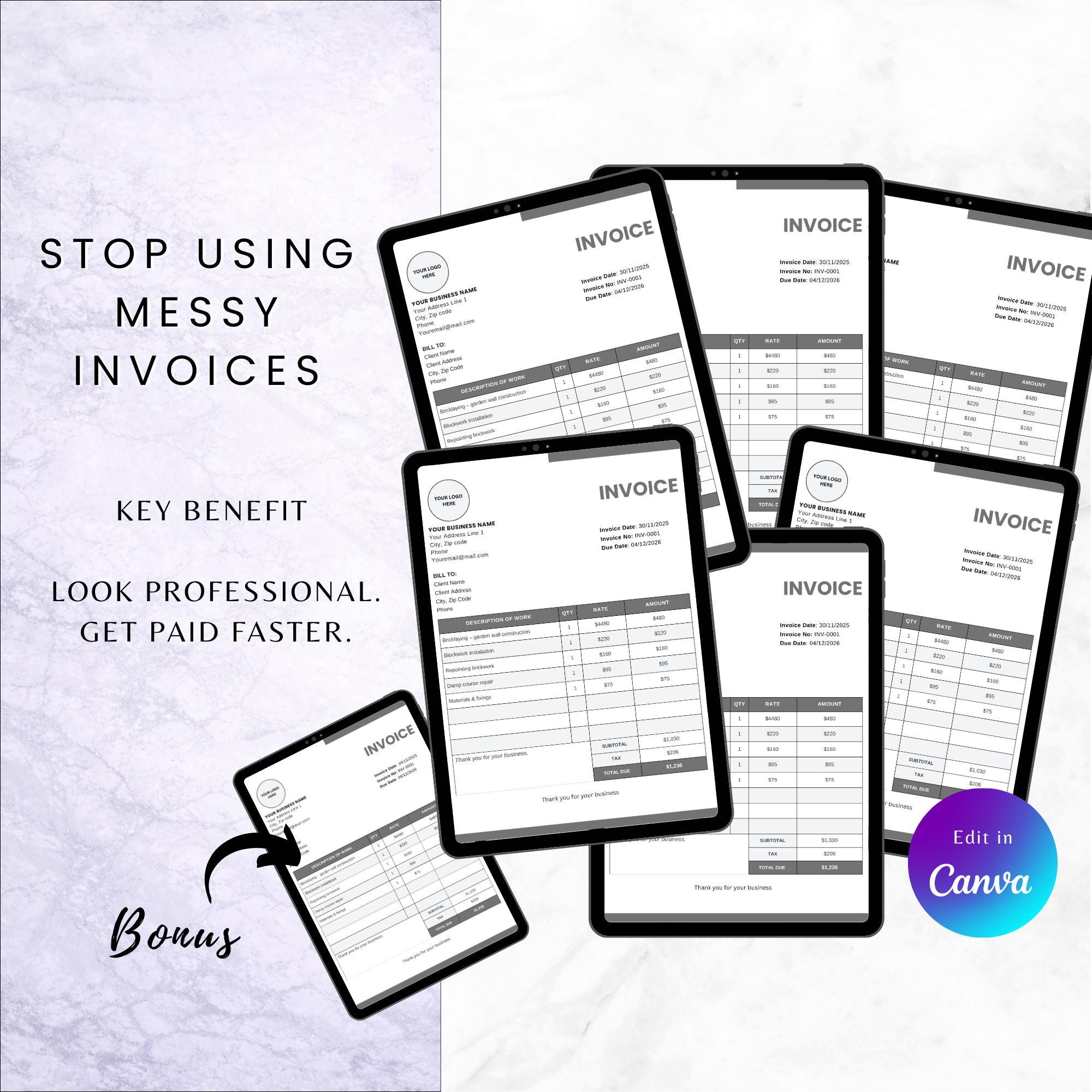 Bricklayer Invoice Template | Builder Invoice | Editable PDF & Canva ...