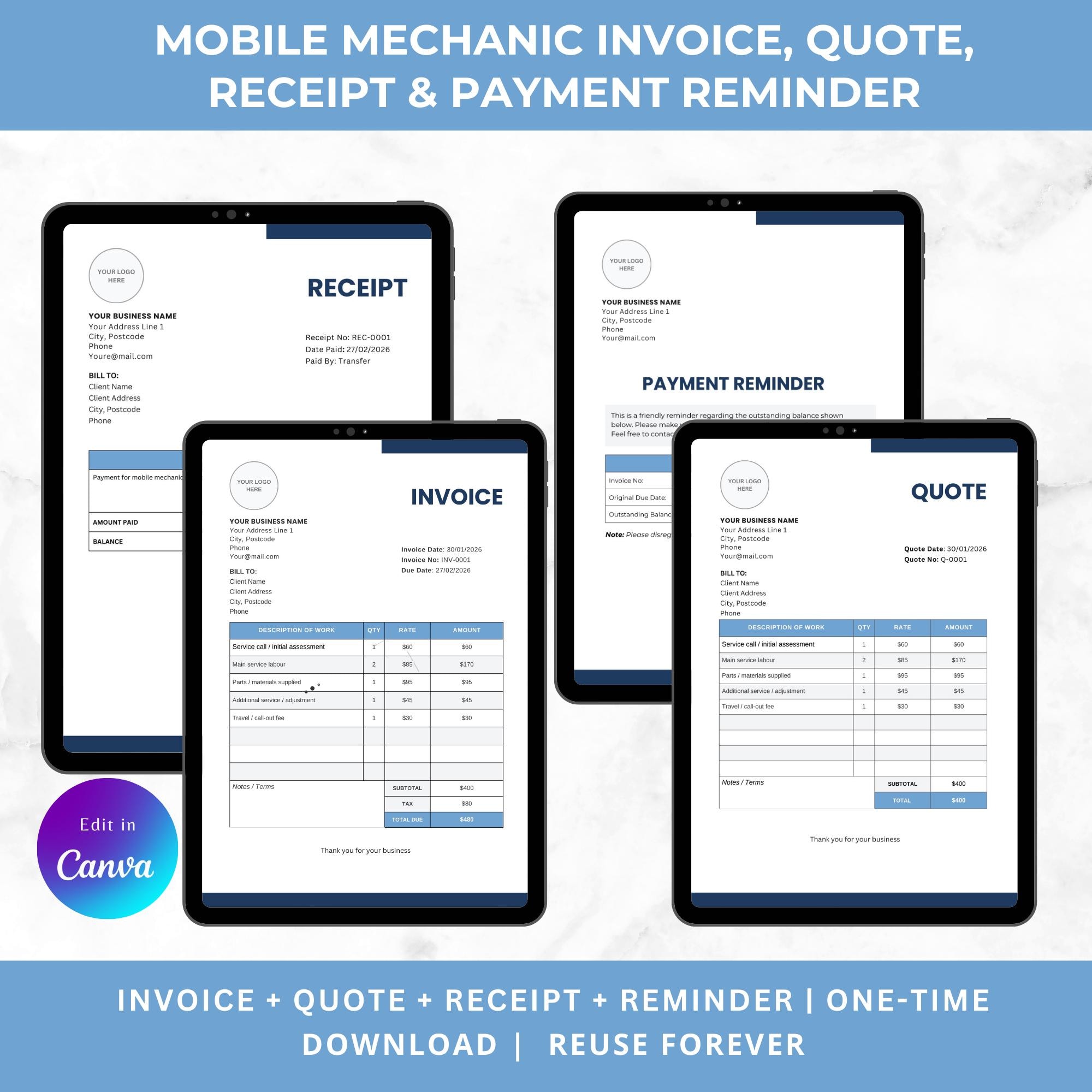 Mechanic Invoice Header Mobile Mechanic Invoice Bundle | Invoice, Quote, Receipt & Payment ...