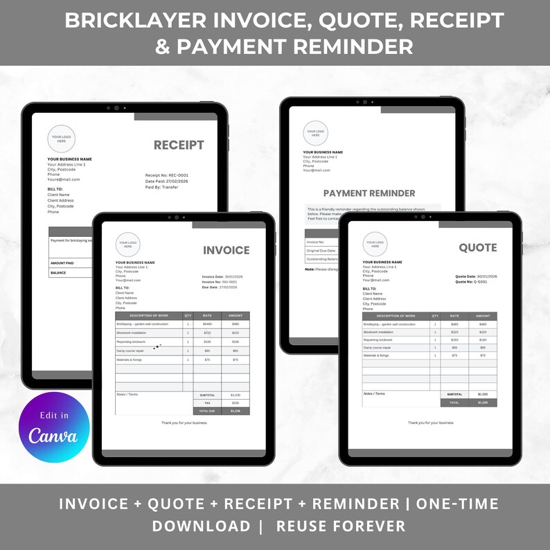 Bricklayer Invoice Bundle | Invoice, Quote, Receipt & Payment Reminder ...