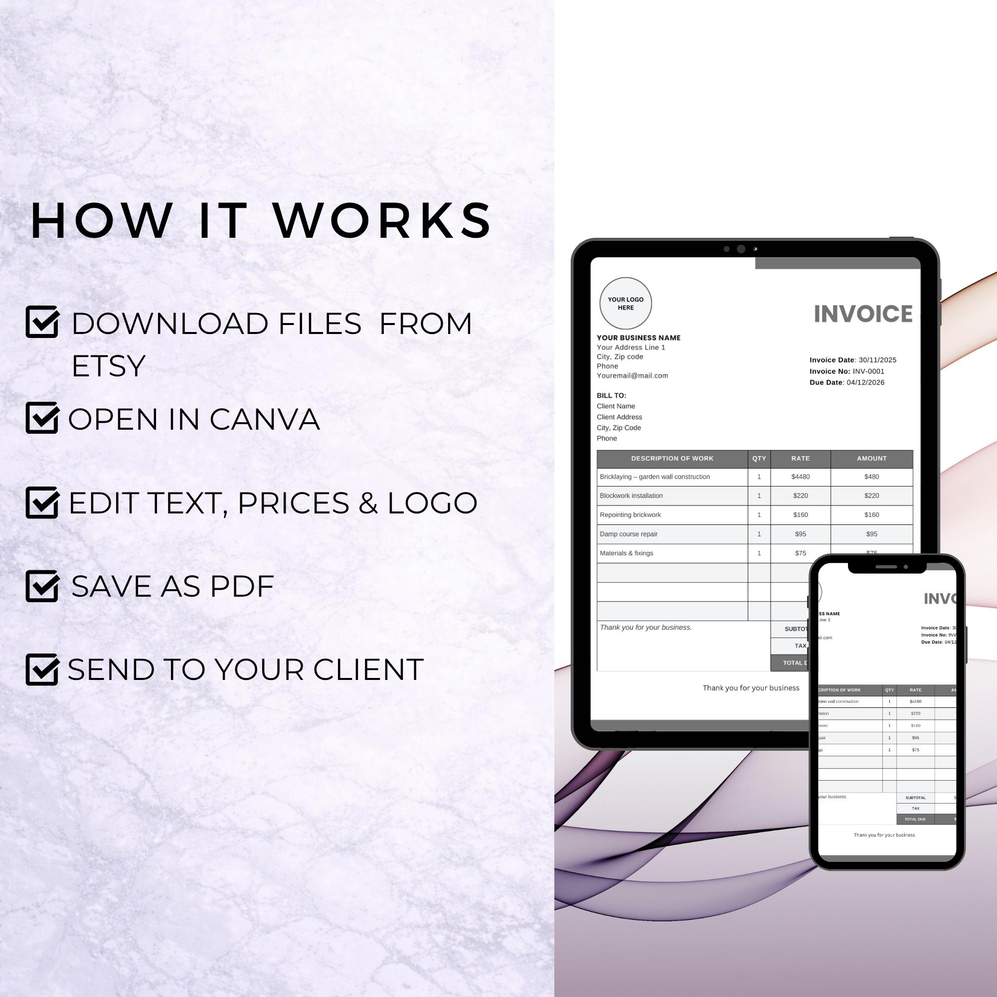 Bricklayer Invoice Template | Builder Invoice | Editable PDF & Canva ...