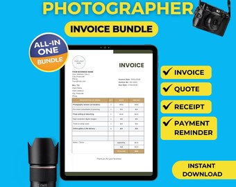 Photographer Invoice Bundle | Invoice, Quote, Receipt & Payment Reminder | Canva and Fillable PDF