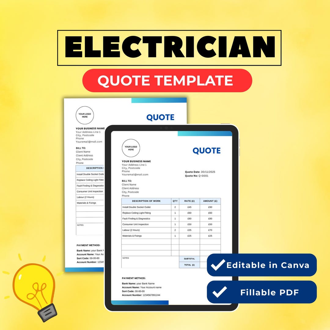 Electrician Quote Template | Editable Canva + Fillable PDF | Electrical ...