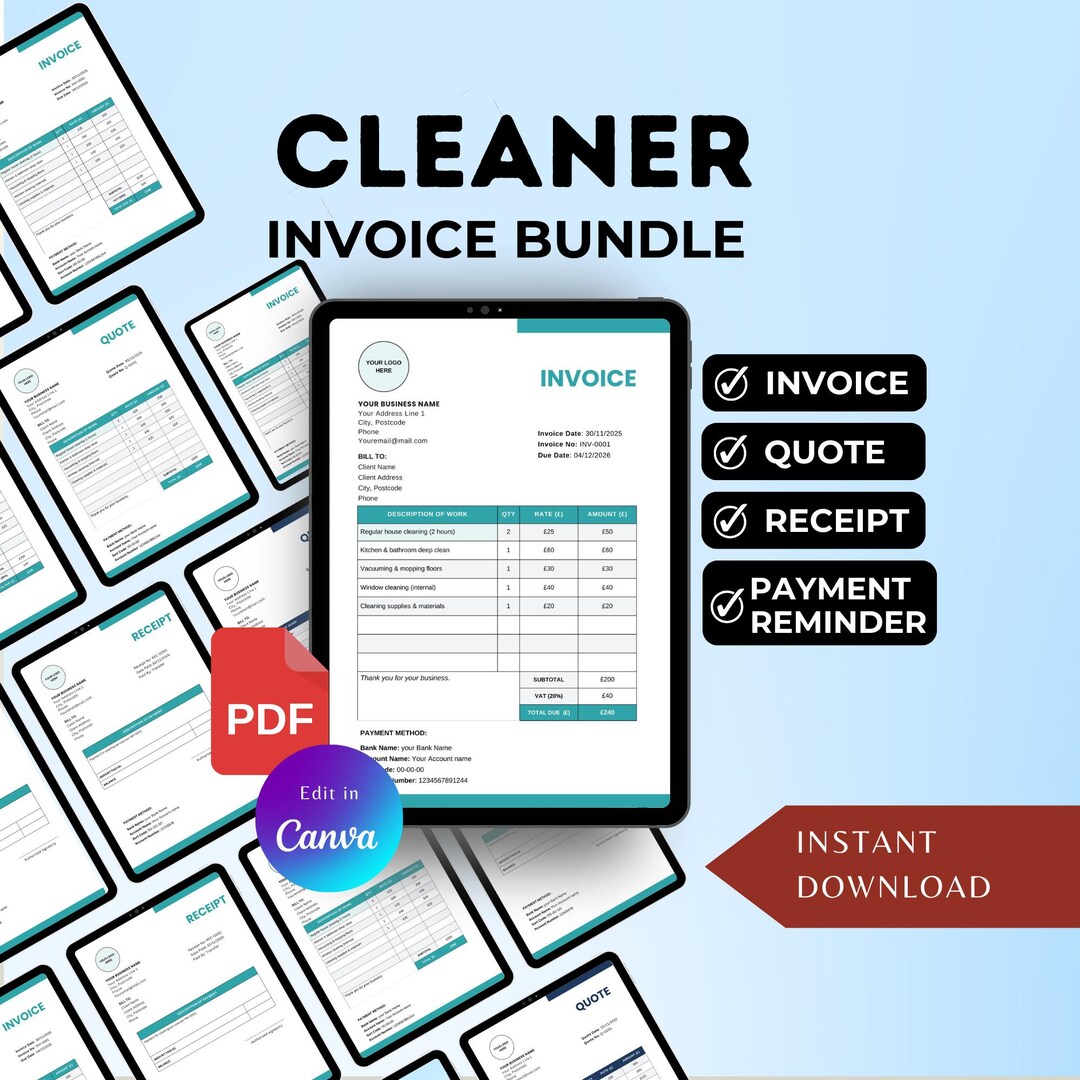 Cleaner Invoice Bundle | Invoice, Quote, Receipt & Payment Reminder ...
