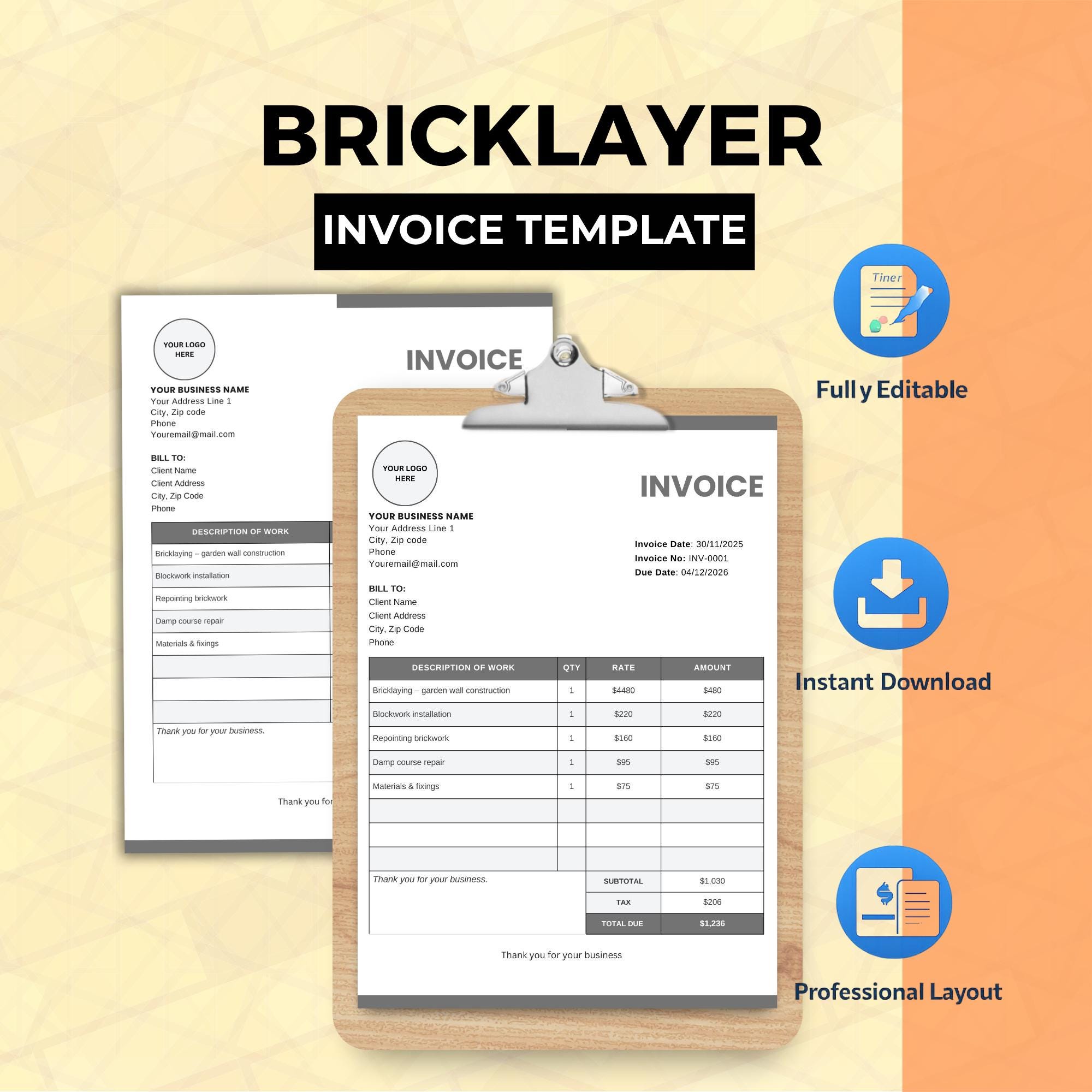 Bricklayer Invoice Template | Builder Invoice | Editable PDF & Canva ...