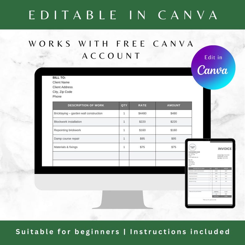 Bricklayer Invoice Template | Builder Invoice | Editable PDF & Canva ...