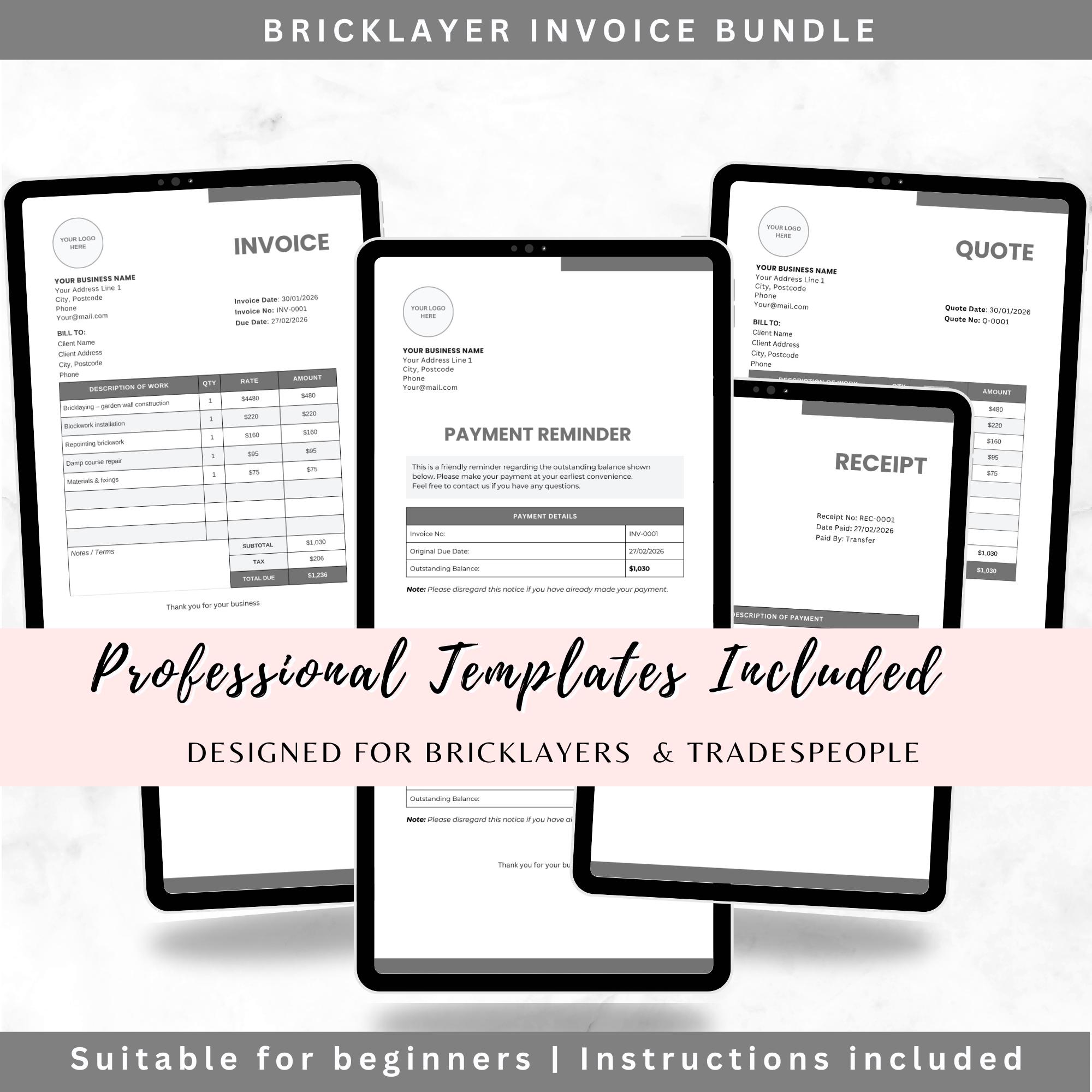 Bricklayer Invoice Bundle | Invoice, Quote, Receipt & Payment Reminder ...