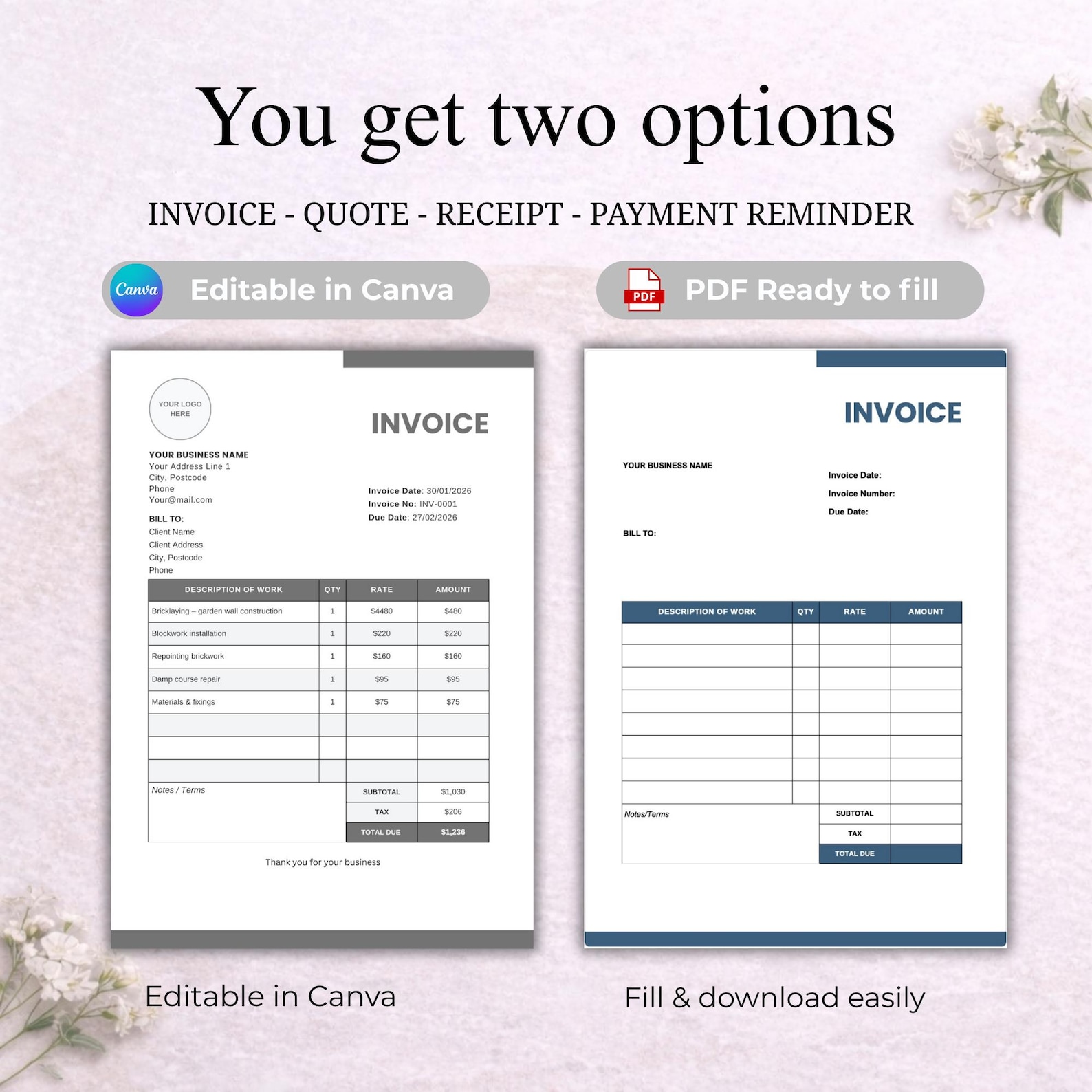 Bricklayer Invoice Bundle | Invoice, Quote, Receipt & Payment Reminder ...