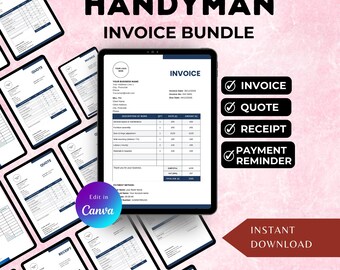 May include: A digital handyman invoice bundle displayed on a tablet, surrounded by other digital documents. The main tablet shows an invoice template with fields for business details and work descriptions. The image includes the text "Handyman Invoice Bundle" and "Instant Download."