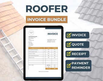 Roofer Invoice Bundle | Invoice, Quote, Receipt & Payment Reminder | Canva and Fillable PDF