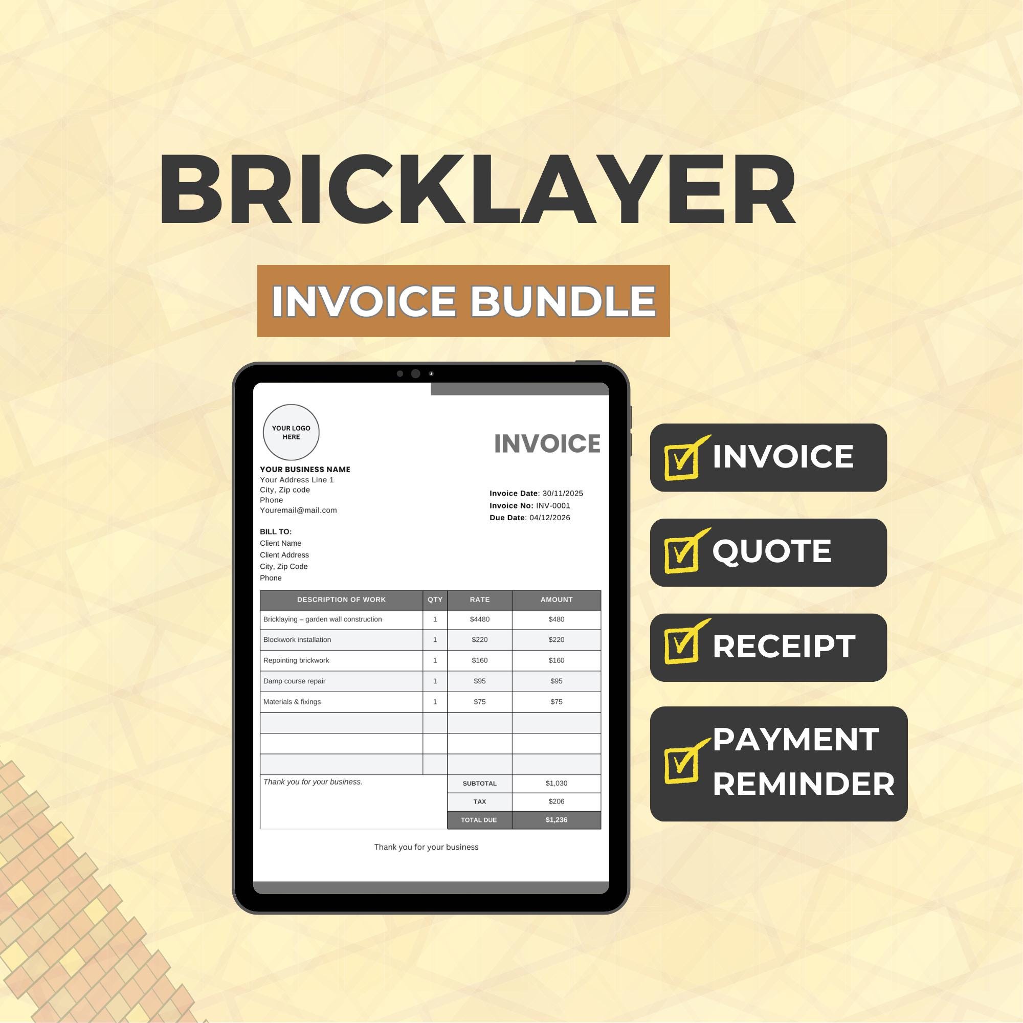 Bricklayer Invoice Bundle | Invoice, Quote, Receipt & Payment Reminder ...