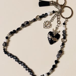 Personalised Gothic Beaded Keychain – Black, Silver & White | Custom Name Keyring | Dark Aesthetic Charm | Handmade Witchy Gift