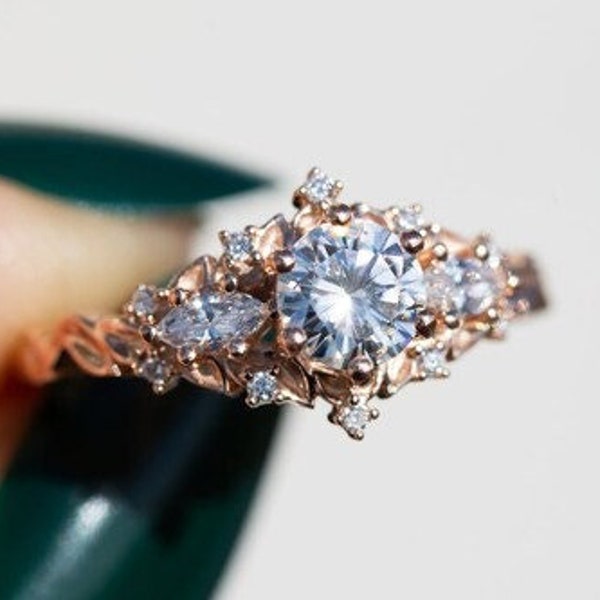 Round Lab Grown Diamond  Briar Rose, Three Stone Ring, unique engagement ring, leaf ring, Round  Lab Grown Diamond  Ring, diamond ring