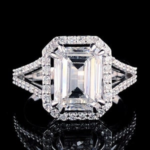 3.00CT Emerald Cut Lab Grown Ring/ Hidden Halo Ring/ Solid Gold Ring/ Ring For Woman