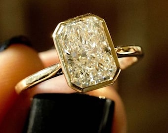 2.00CT Radiant Cut  Lab Grown Diamond Engagement Ring, 14K Yellow Gold Diamond Ring, Bezel Set Promise Ring, Twist setting Ring