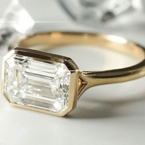 Emerald Lab Grown Diamond Solitaire Ring / Fancy Cut Eco Friendly Diamond Bezel Set Ring / Emerald Pie Cut Dimond Ring Gift For Love