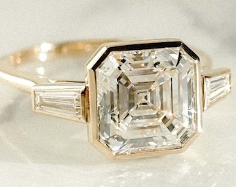 3 CT Lab Grown Diamond Engagement Ring Asscher Cut Three Stone Wedding Ring Anniversary Gift for Her