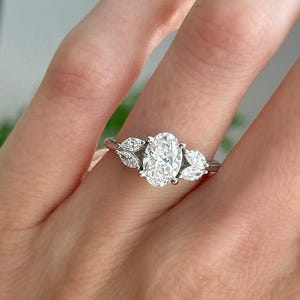 Real Oval Cut Lab Grown Diamond Engagement Ring • Three Stone Marquise Side Stones • 14K White Gold Bridal Ring, Anniversary Ring Gift