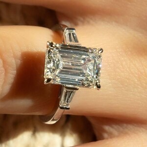 Three Stone Emerald Cut Lab Grown Engagement Ring, 4 Prong Solid Gold Baguette Wedding Ring for Women, Anniversary Gifts for Her