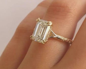 Smaragd geslepen vintage verlovingsring | 14K gouden filigraan diamanten ring | Aanzoekring in antieke stijl | Art deco-trouwring