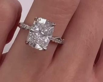 Cushion Lab Diamond Twisted Band Cut Engagement Ring • 4 Prong Solitaire Diamond Ring • Large Radiant Stone Ring • Dainty Pave Band