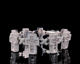 925 Sterling Silver Cross Link Bracelet, 8" with VVS Colorless Moissanite Stones, Elegant Jewelry Gift for Her