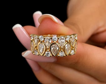 Pear Cut Diamond Eternity Ring, Gold Wide Band Ring, Luxe Statement Jewelry Gift for Women