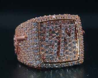 Men’s Iced Out Square Ring | Rose Gold Micro Pave Moissanite Hip Hop Bling Ring | Luxury Statement Pinky Ring | Custom Drip Jewelry Gift