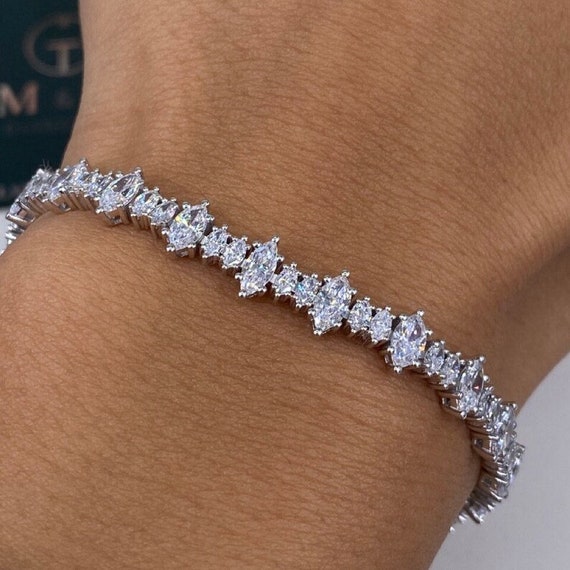 9.50 Carat Diamond Tennis Bracelet, Marquise Cut Lab Grown Diamond Pave Set Bracelet, 14k White Gold Bracelet for Her