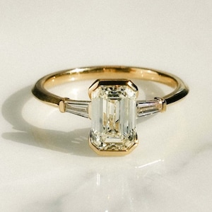 Three Stone Emerald Cut Lab Grown Engagement Ring, Solid Gold Baguette Wedding Ring for Women, Anniversary Gifts for Her