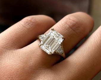 Emerald Cut Moissanite Engagement Ring – 5CT Emerald Cut Solitaire with Tapered Baguette Side Stones – Art Deco Vintage Wedding Ring for Her