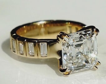 Asscher Cut Engagement Ring | 14K Gold Vintage Art Deco Ring | Large Square Diamond Solitaire | Baguette Side Stones Statement Ring