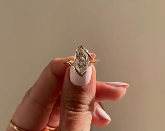 Vintage Style Marquise Diamond Ring, Minimalist Engagement Ring, Gold Wedding Ring, Handmade Fine Jewelry