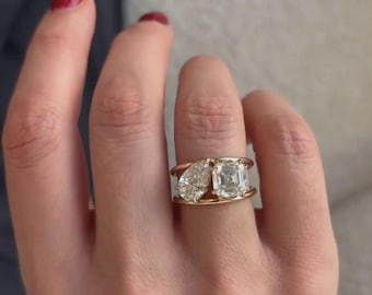 Two Stone Engagement Ring | Asscher & Pear Cut Diamond Ring | Toi et Moi Gold Ring | Modern Bypass Ring | Unique Statement Couple Ring
