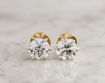 Round Brilliant Diamond Screw Back Stud Earrings | 14K Yellow & White Gold | Six Prong Lab grown Diamond Earrings | Everyday Fine Jewelry |